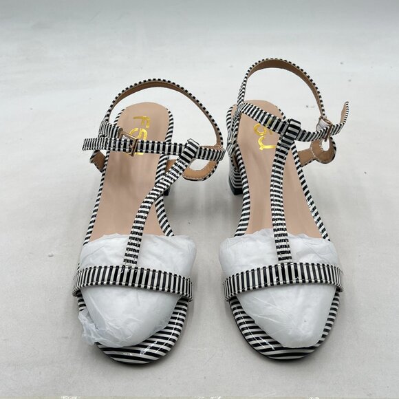 FSJ Black and White Stripe T Strap Block Heel Sandals - Picture 3 of 8